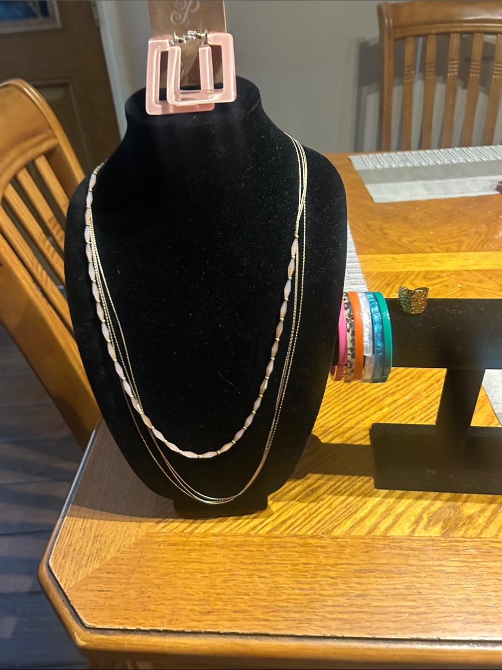 Layered Pink Bead & Chain Necklace, bracelets, earrings and gold ring.